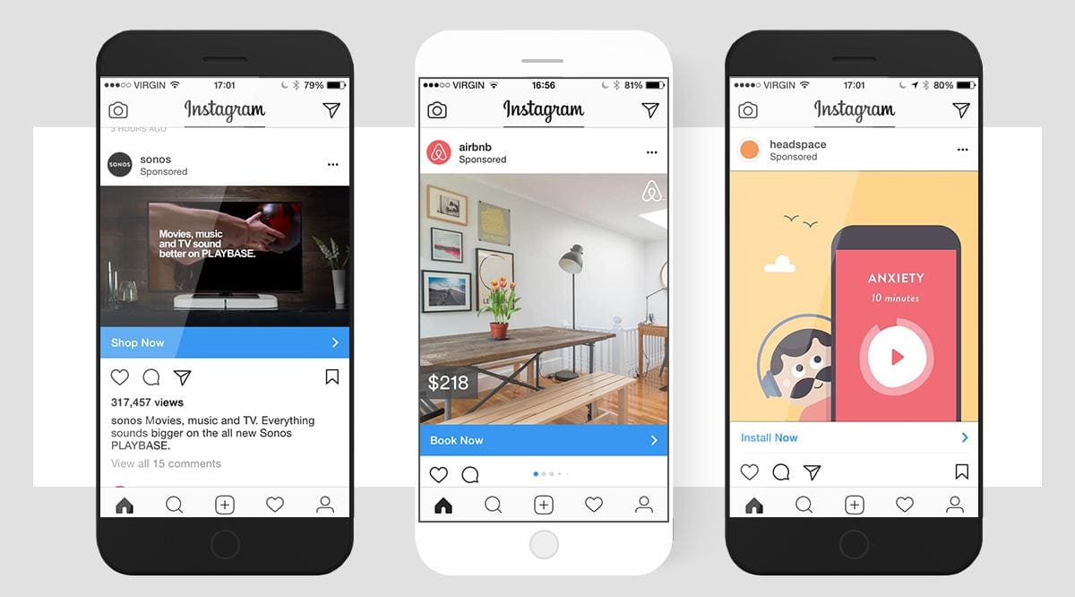 Trois smartphones affichant des publicités sponsorisées sur Instagram.